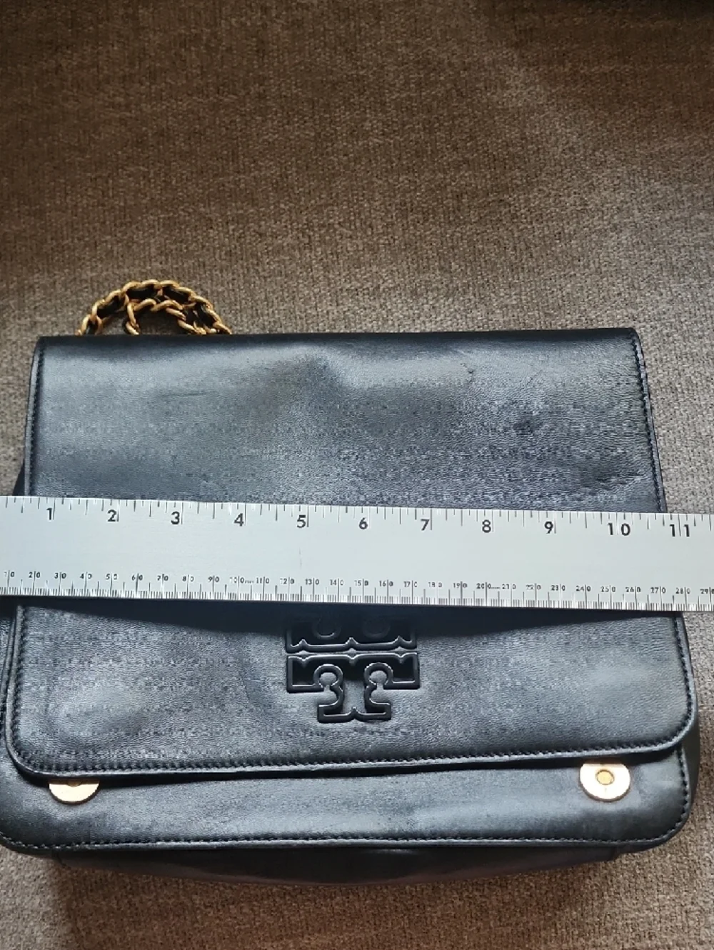 Tory Burch Black Leather Chain Shoulder Bag Gold Hardware Classic Logo W Wallet